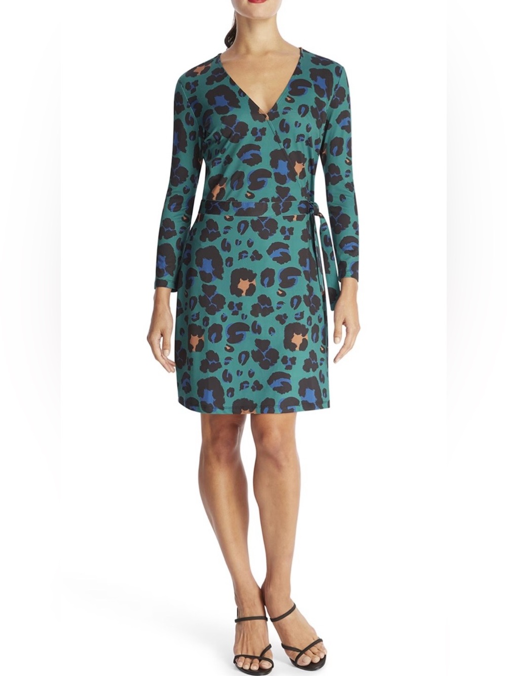 Teal Leopard Print Wrap Dress with Waist Tie - Picture 4 of 4